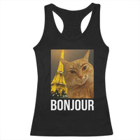Funny Cat Bonjour Racerback Tank Top Paris France Eiffel Tower Orange Cat Meme - Wonder Print Shop