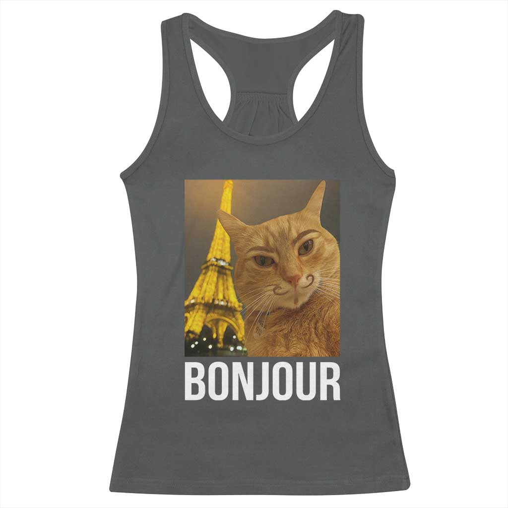Funny Cat Bonjour Racerback Tank Top Paris France Eiffel Tower Orange Cat Meme - Wonder Print Shop