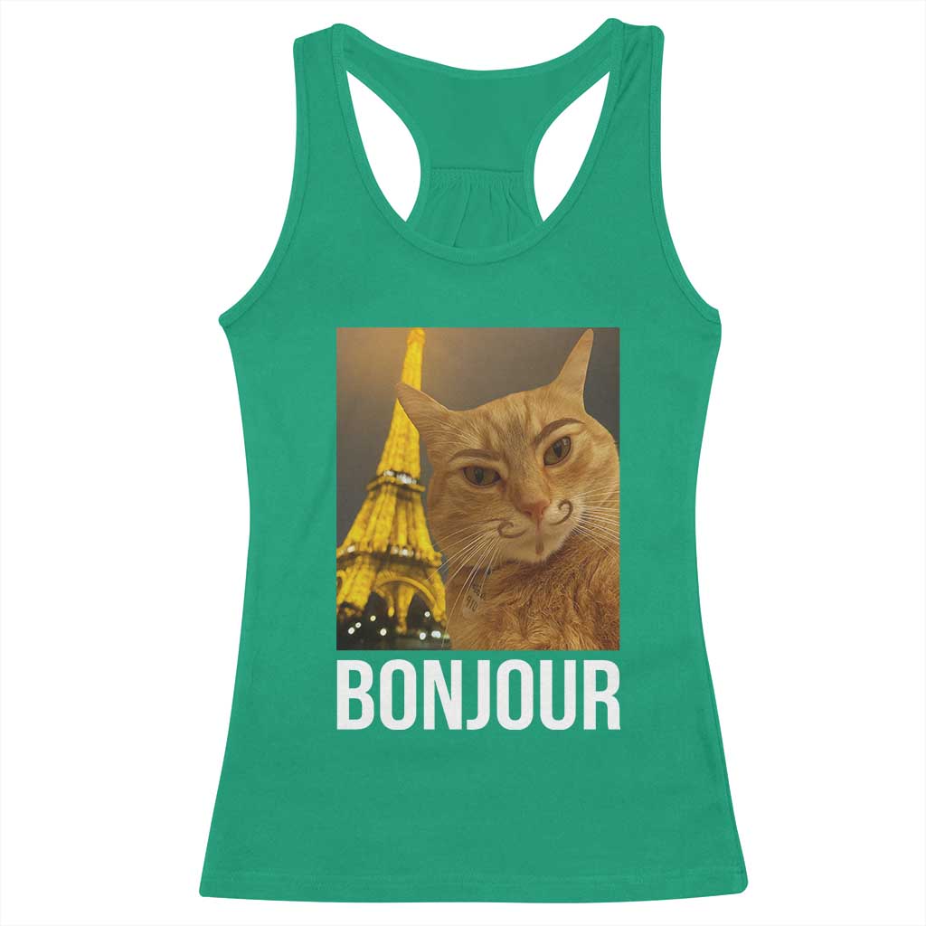 Funny Cat Bonjour Racerback Tank Top Paris France Eiffel Tower Orange Cat Meme - Wonder Print Shop