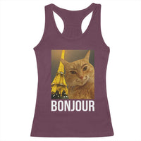 Funny Cat Bonjour Racerback Tank Top Paris France Eiffel Tower Orange Cat Meme - Wonder Print Shop