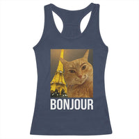 Funny Cat Bonjour Racerback Tank Top Paris France Eiffel Tower Orange Cat Meme - Wonder Print Shop