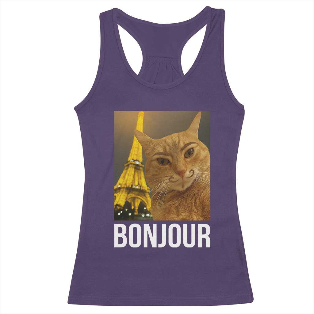 Funny Cat Bonjour Racerback Tank Top Paris France Eiffel Tower Orange Cat Meme - Wonder Print Shop