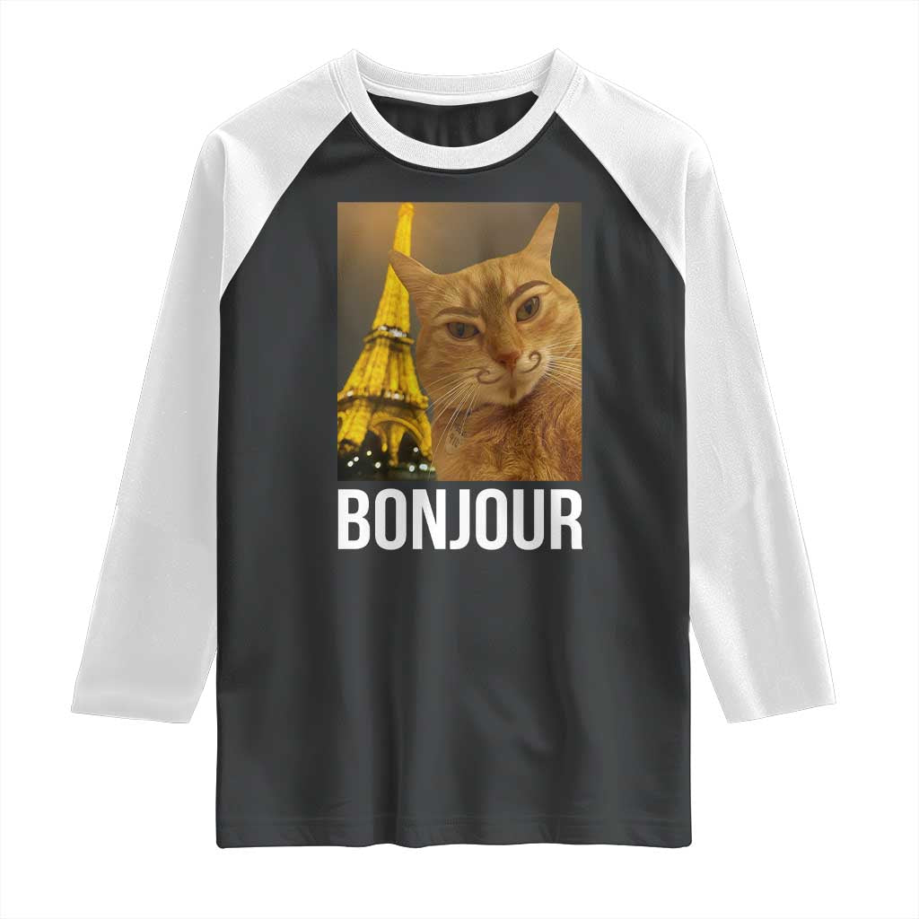 Funny Cat Bonjour Raglan Shirt Paris France Eiffel Tower Orange Cat Meme - Wonder Print Shop