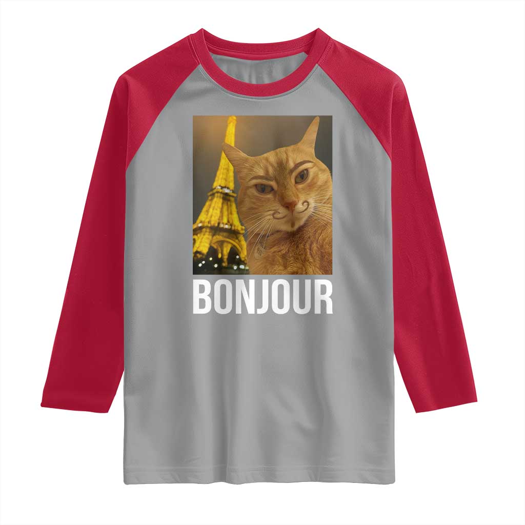 Funny Cat Bonjour Raglan Shirt Paris France Eiffel Tower Orange Cat Meme - Wonder Print Shop