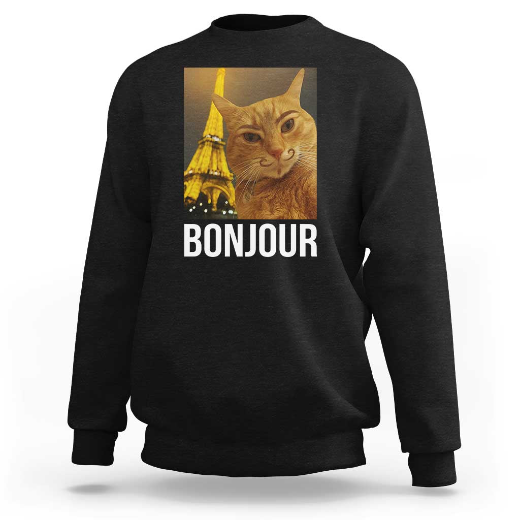 Funny Cat Bonjour Sweatshirt Paris France Eiffel Tower Orange Cat Meme - Wonder Print Shop