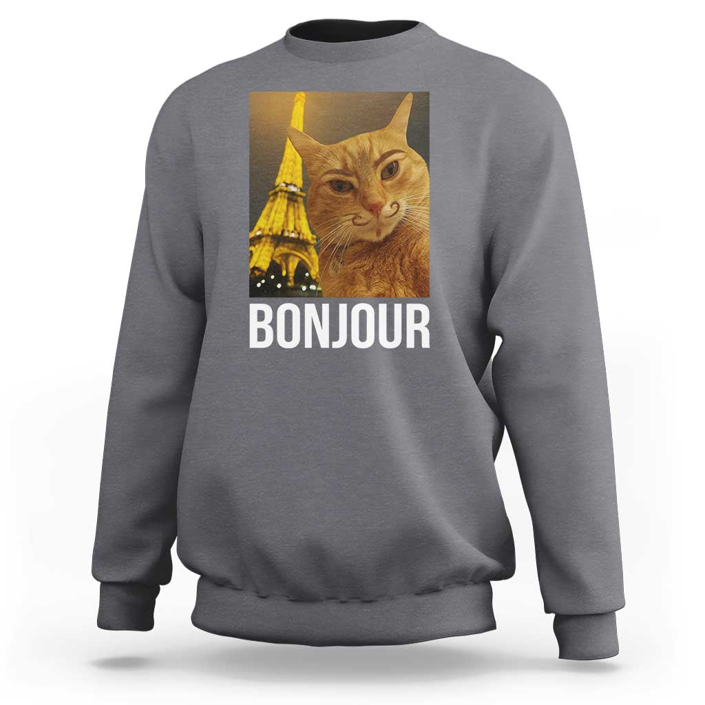 Funny Cat Bonjour Sweatshirt Paris France Eiffel Tower Orange Cat Meme - Wonder Print Shop