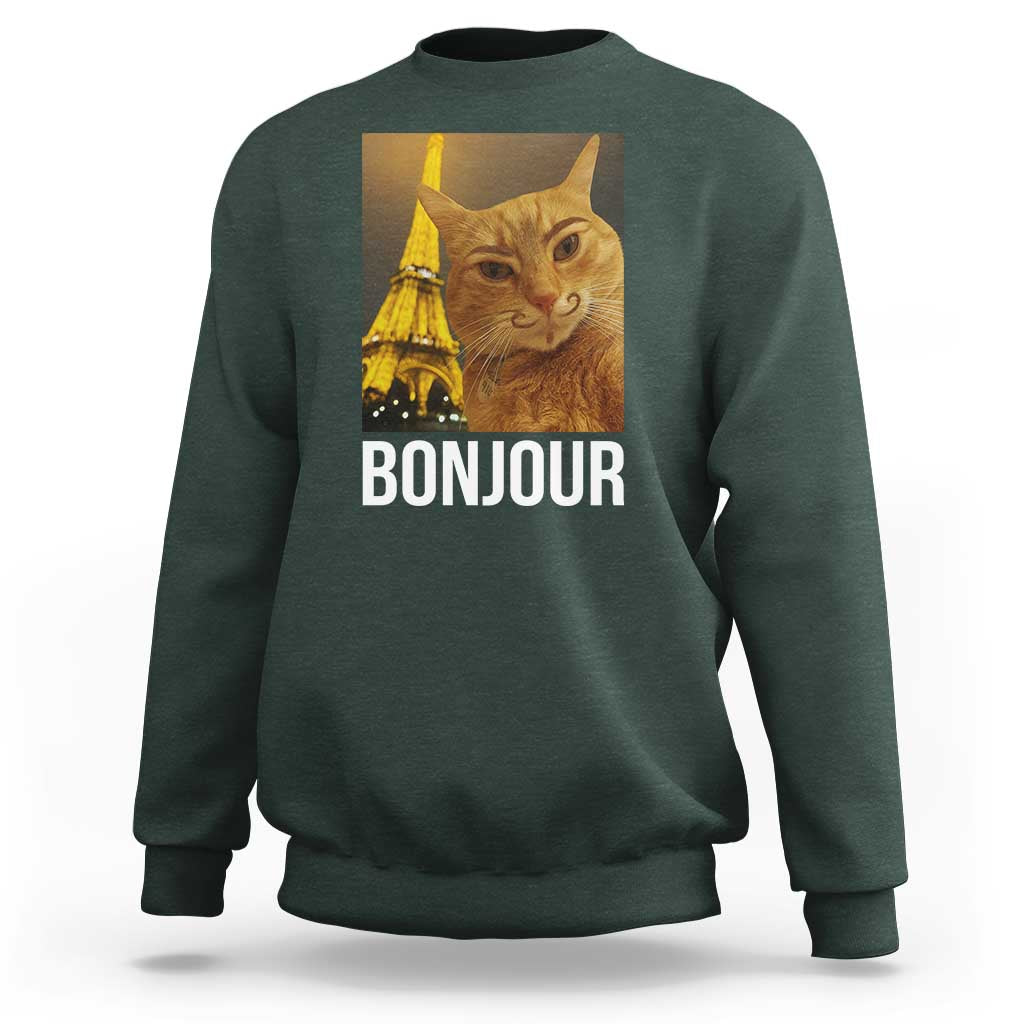 Funny Cat Bonjour Sweatshirt Paris France Eiffel Tower Orange Cat Meme - Wonder Print Shop
