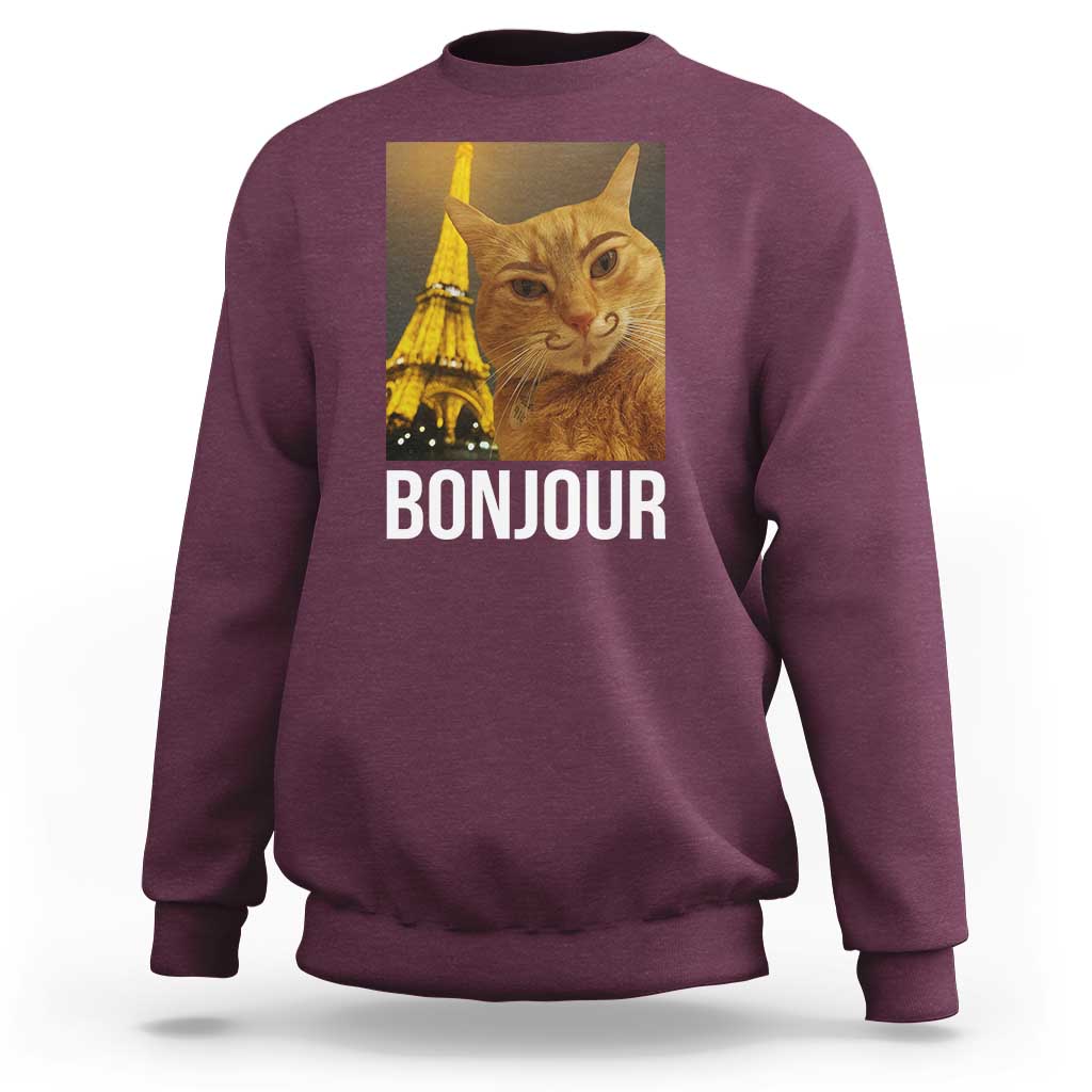 Funny Cat Bonjour Sweatshirt Paris France Eiffel Tower Orange Cat Meme - Wonder Print Shop