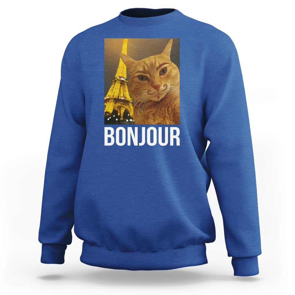 Funny Cat Bonjour Sweatshirt Paris France Eiffel Tower Orange Cat Meme - Wonder Print Shop