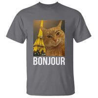 Funny Cat Bonjour T Shirt Paris France Eiffel Tower Orange Cat Meme - Wonder Print Shop