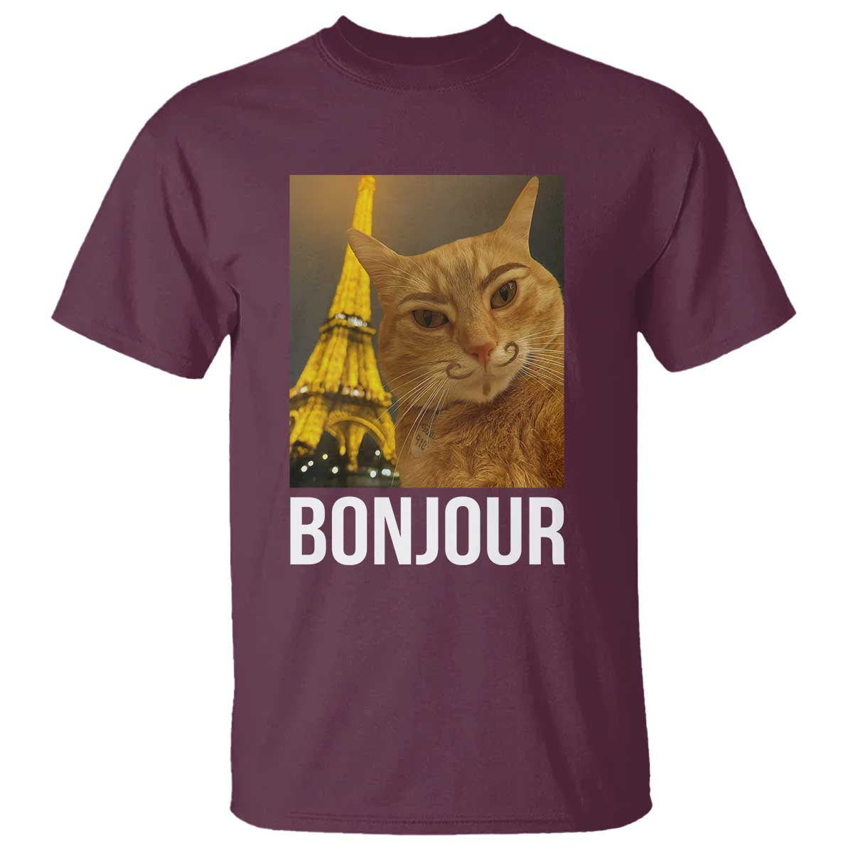 Funny Cat Bonjour T Shirt Paris France Eiffel Tower Orange Cat Meme - Wonder Print Shop