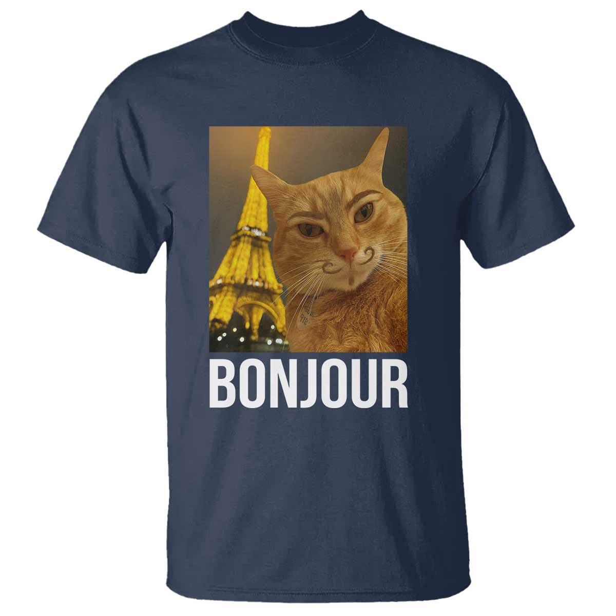 Funny Cat Bonjour T Shirt Paris France Eiffel Tower Orange Cat Meme - Wonder Print Shop