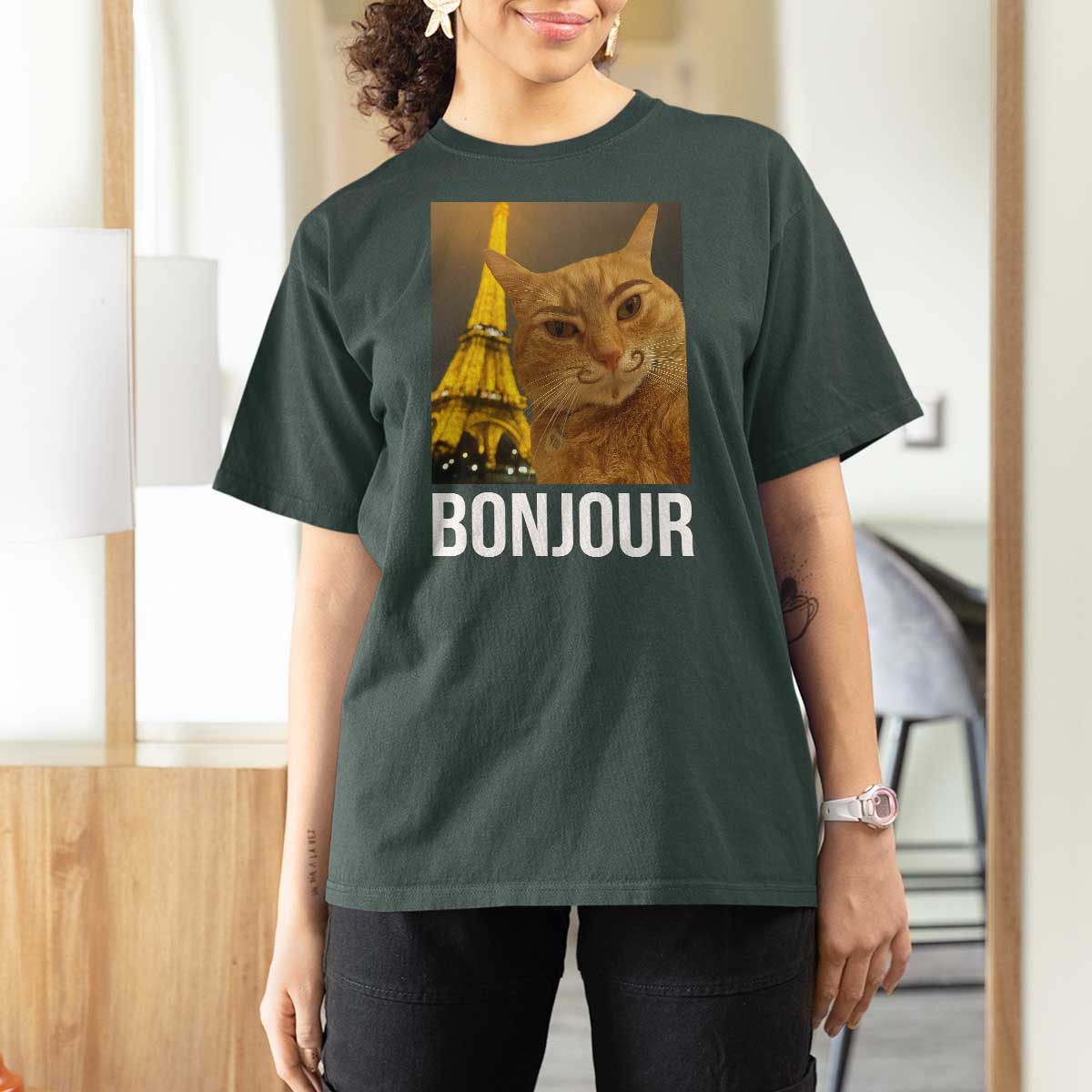 Funny Cat Bonjour T Shirt For Women Paris France Eiffel Tower Orange Cat Meme - Wonder Print Shop
