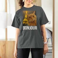 Funny Cat Bonjour T Shirt For Women Paris France Eiffel Tower Orange Cat Meme - Wonder Print Shop