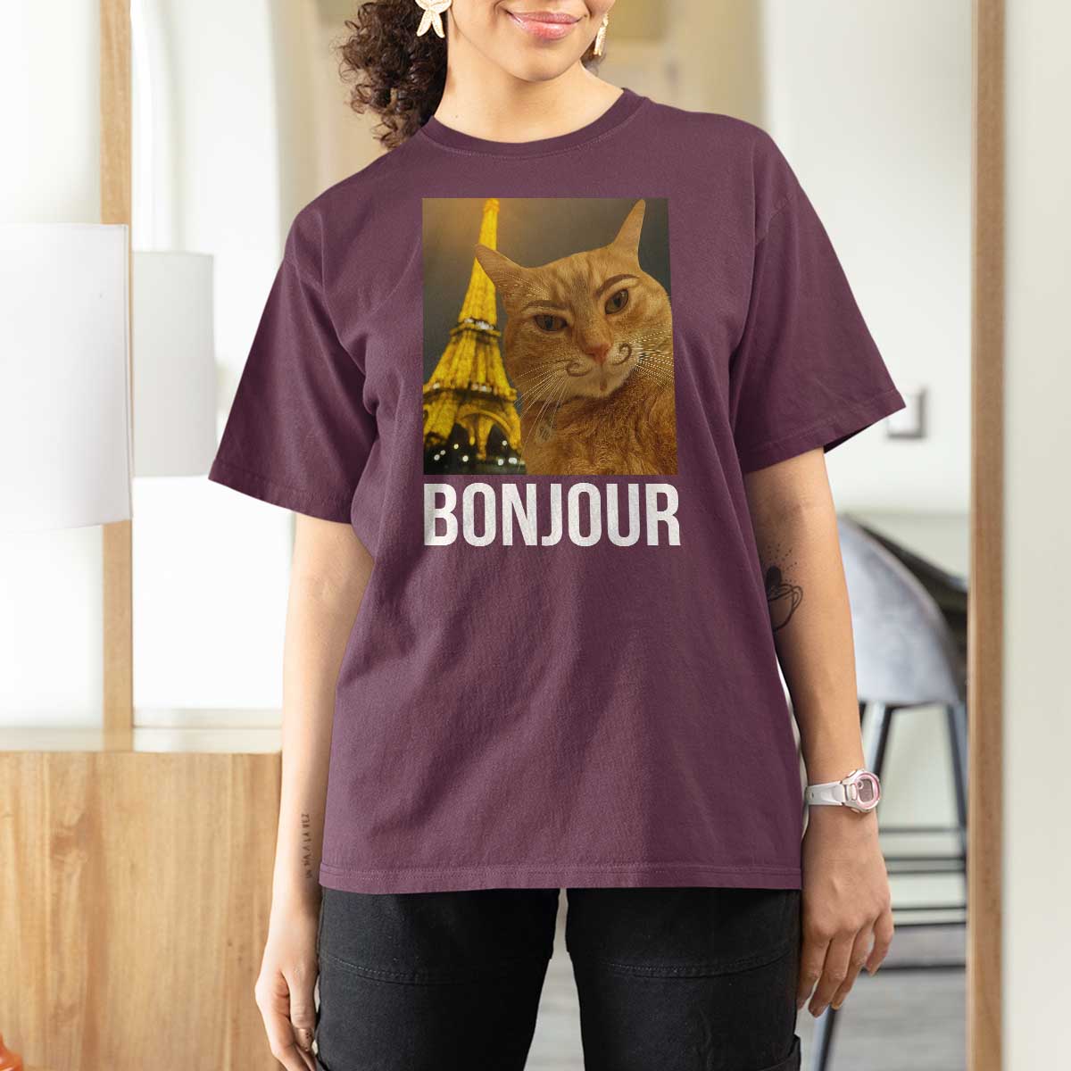 Funny Cat Bonjour T Shirt For Women Paris France Eiffel Tower Orange Cat Meme - Wonder Print Shop