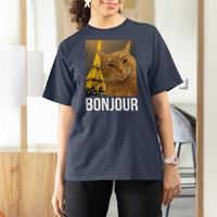 Funny Cat Bonjour T Shirt For Women Paris France Eiffel Tower Orange Cat Meme - Wonder Print Shop