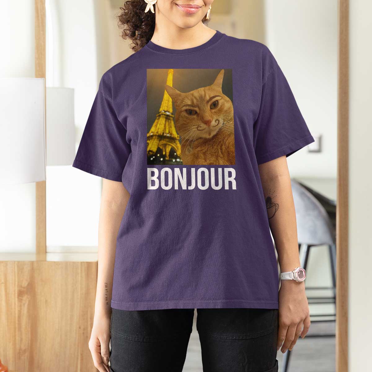 Funny Cat Bonjour T Shirt For Women Paris France Eiffel Tower Orange Cat Meme - Wonder Print Shop