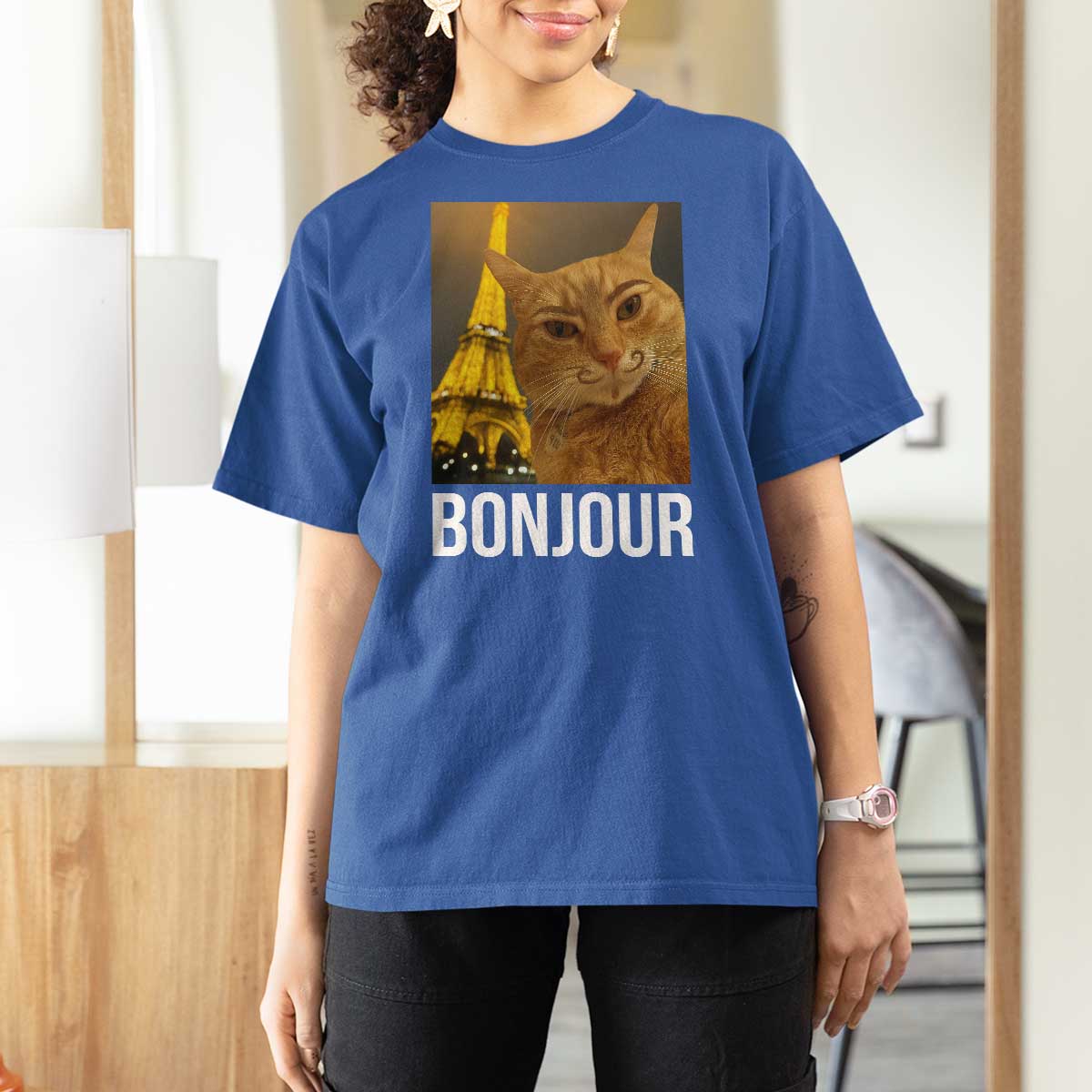 Funny Cat Bonjour T Shirt For Women Paris France Eiffel Tower Orange Cat Meme - Wonder Print Shop
