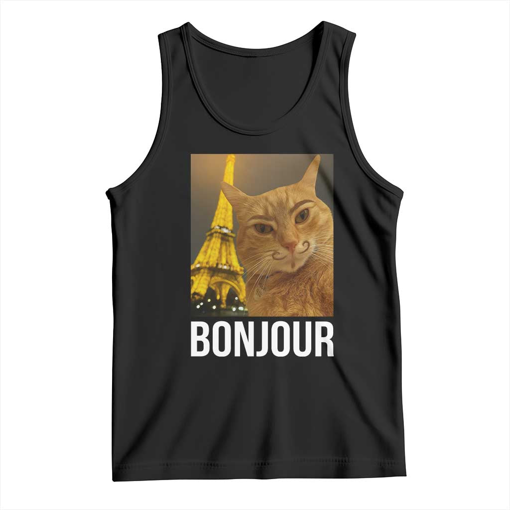 Funny Cat Bonjour Tank Top Paris France Eiffel Tower Orange Cat Meme - Wonder Print Shop