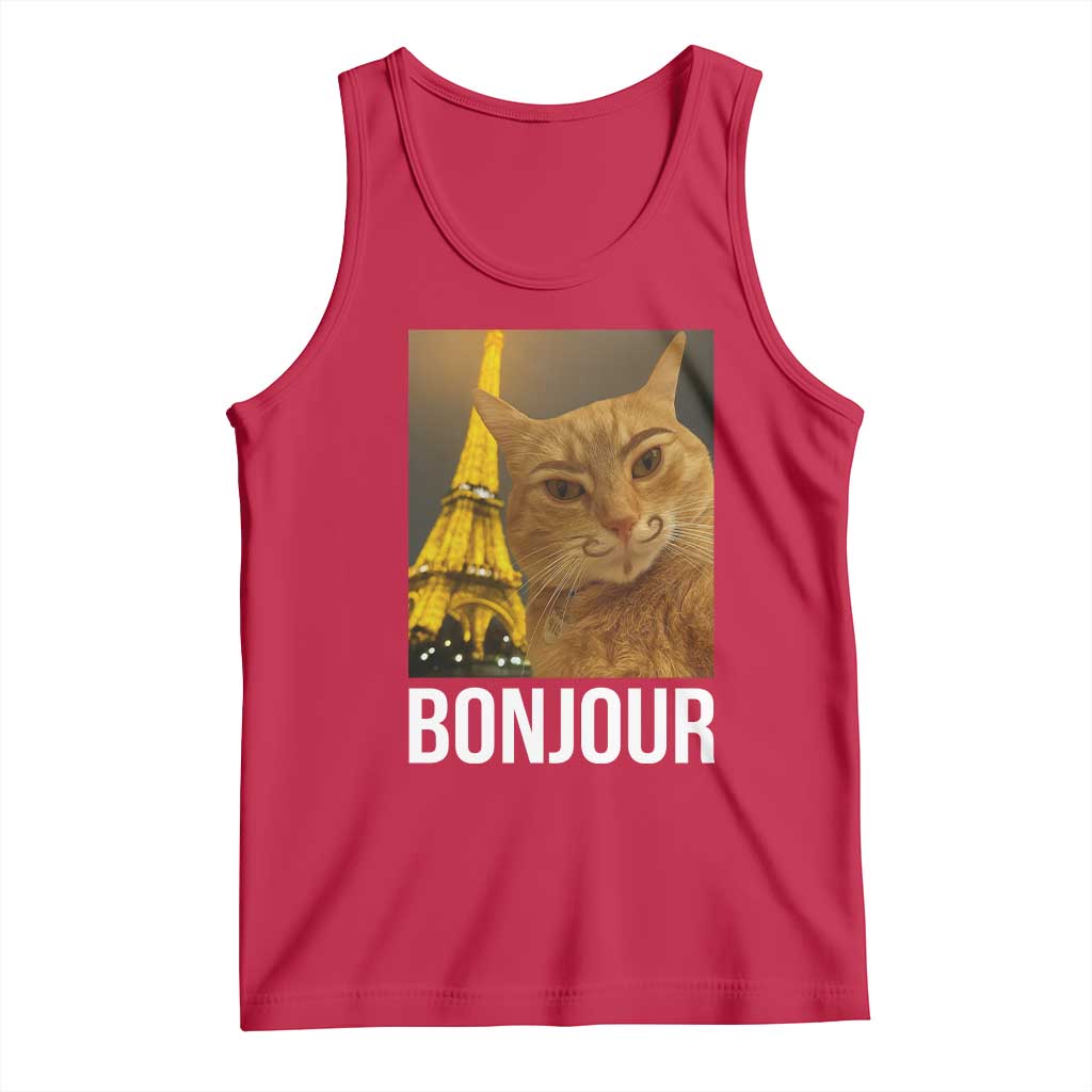 Funny Cat Bonjour Tank Top Paris France Eiffel Tower Orange Cat Meme - Wonder Print Shop