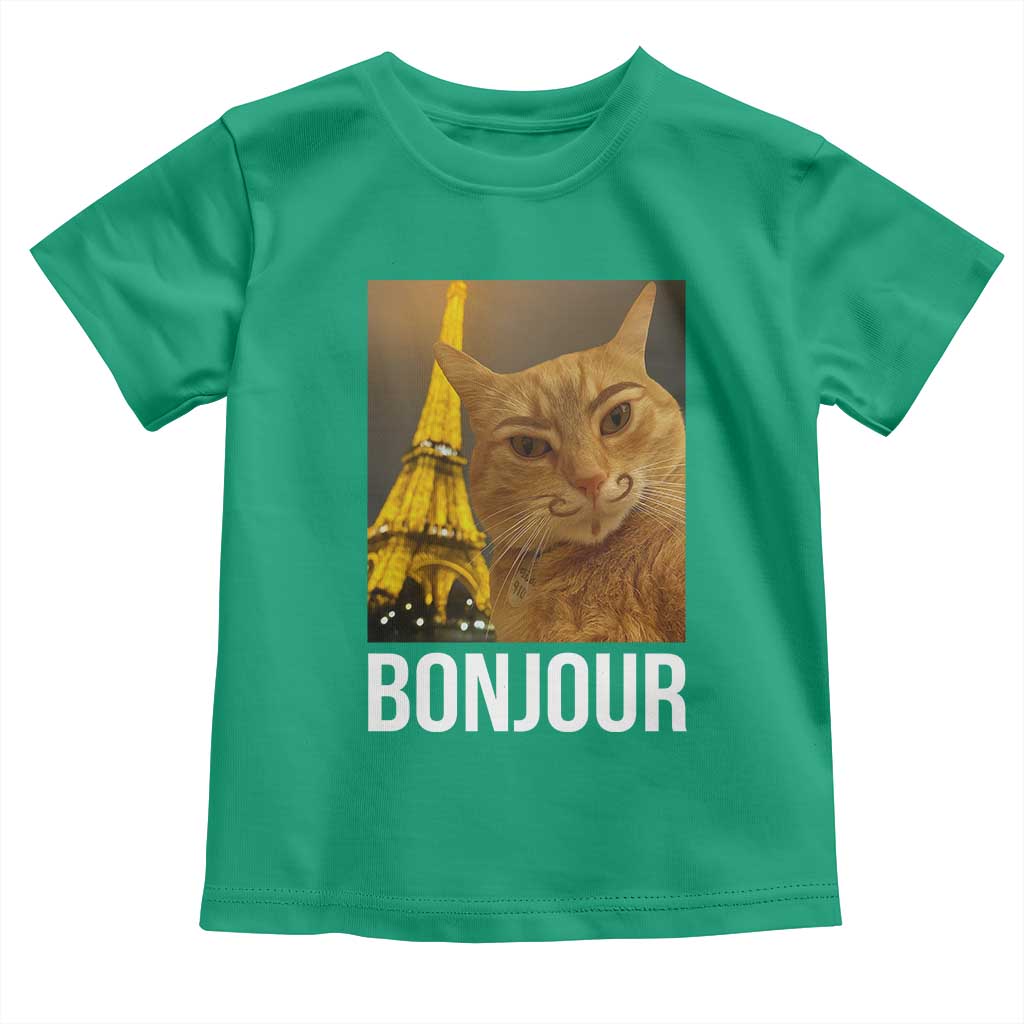 Funny Cat Bonjour Toddler T Shirt Paris France Eiffel Tower Orange Cat Meme - Wonder Print Shop