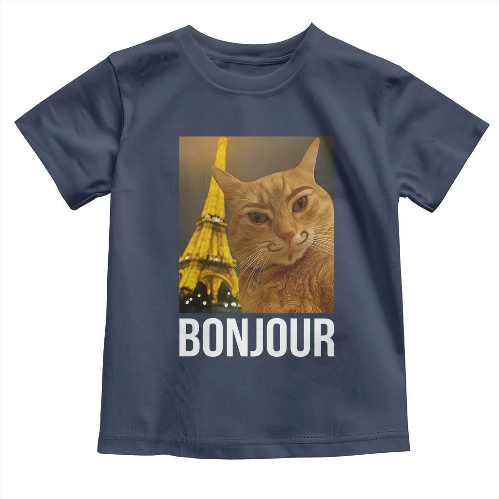 Funny Cat Bonjour Toddler T Shirt Paris France Eiffel Tower Orange Cat Meme - Wonder Print Shop