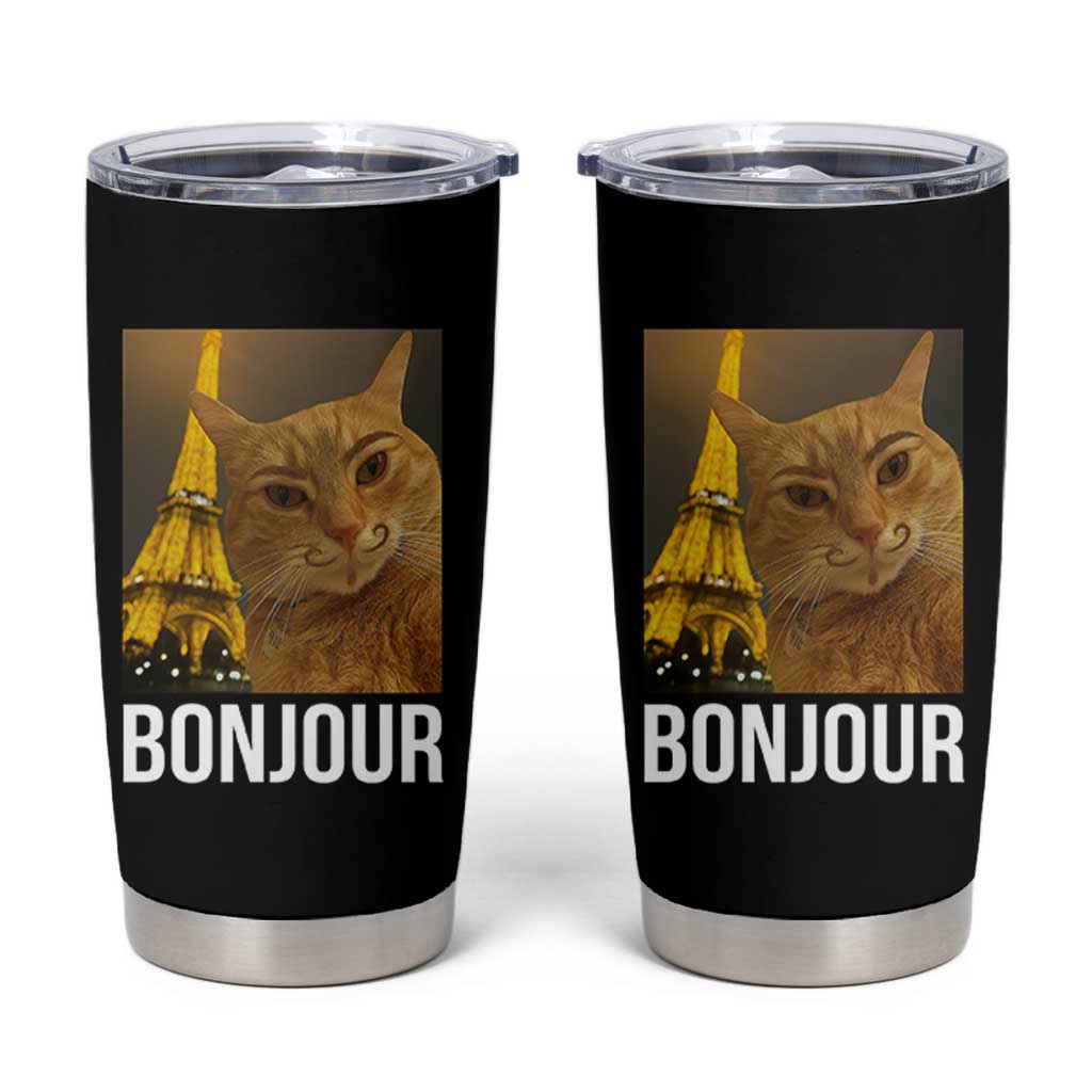 Funny Cat Bonjour Tumbler Cup Paris France Eiffel Tower Orange Cat Meme - Wonder Print Shop