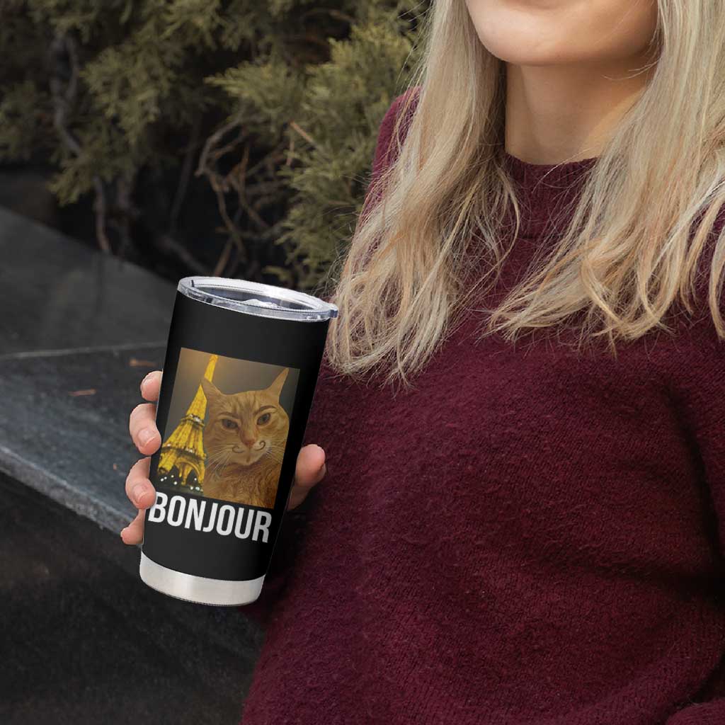 Funny Cat Bonjour Tumbler Cup Paris France Eiffel Tower Orange Cat Meme - Wonder Print Shop