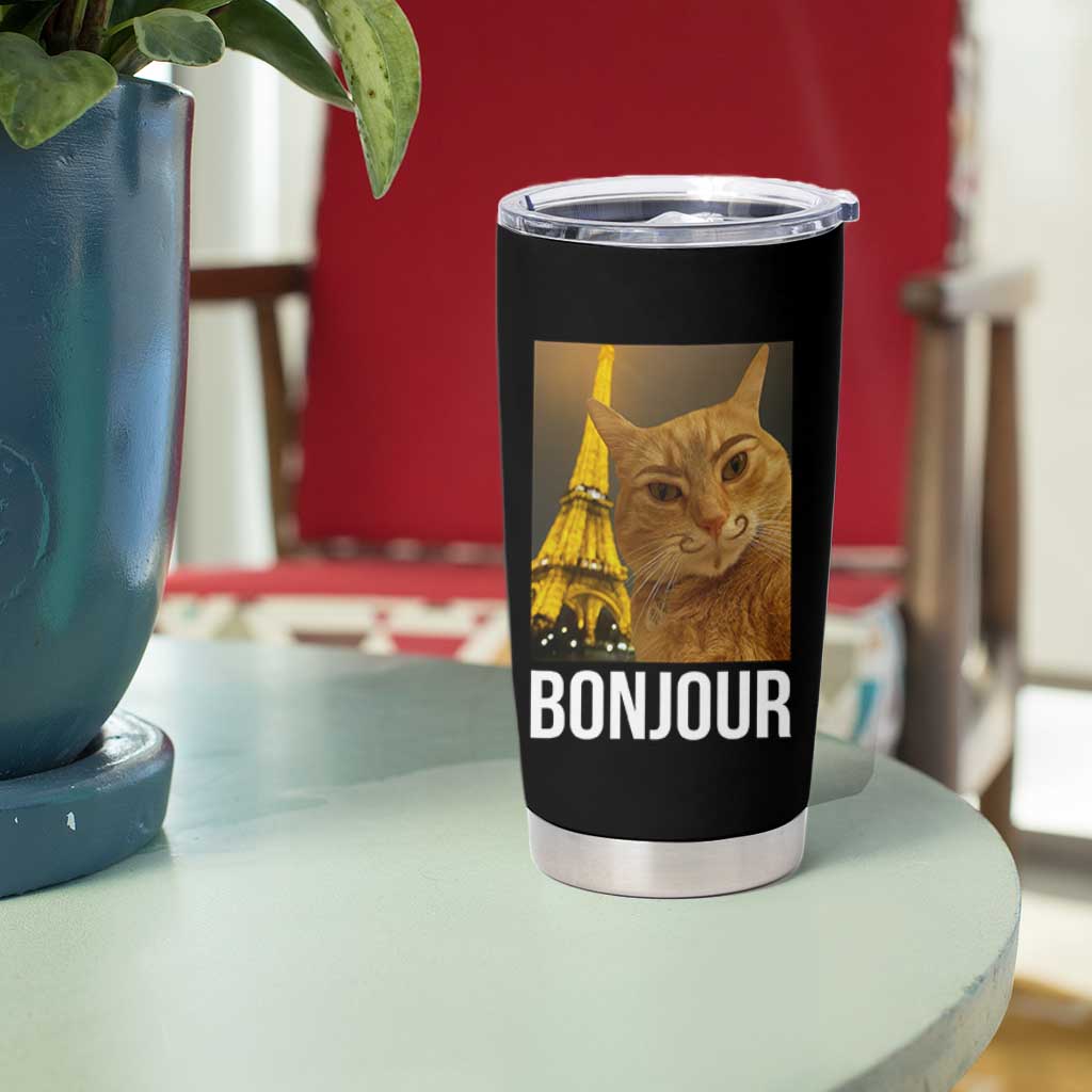 Funny Cat Bonjour Tumbler Cup Paris France Eiffel Tower Orange Cat Meme - Wonder Print Shop