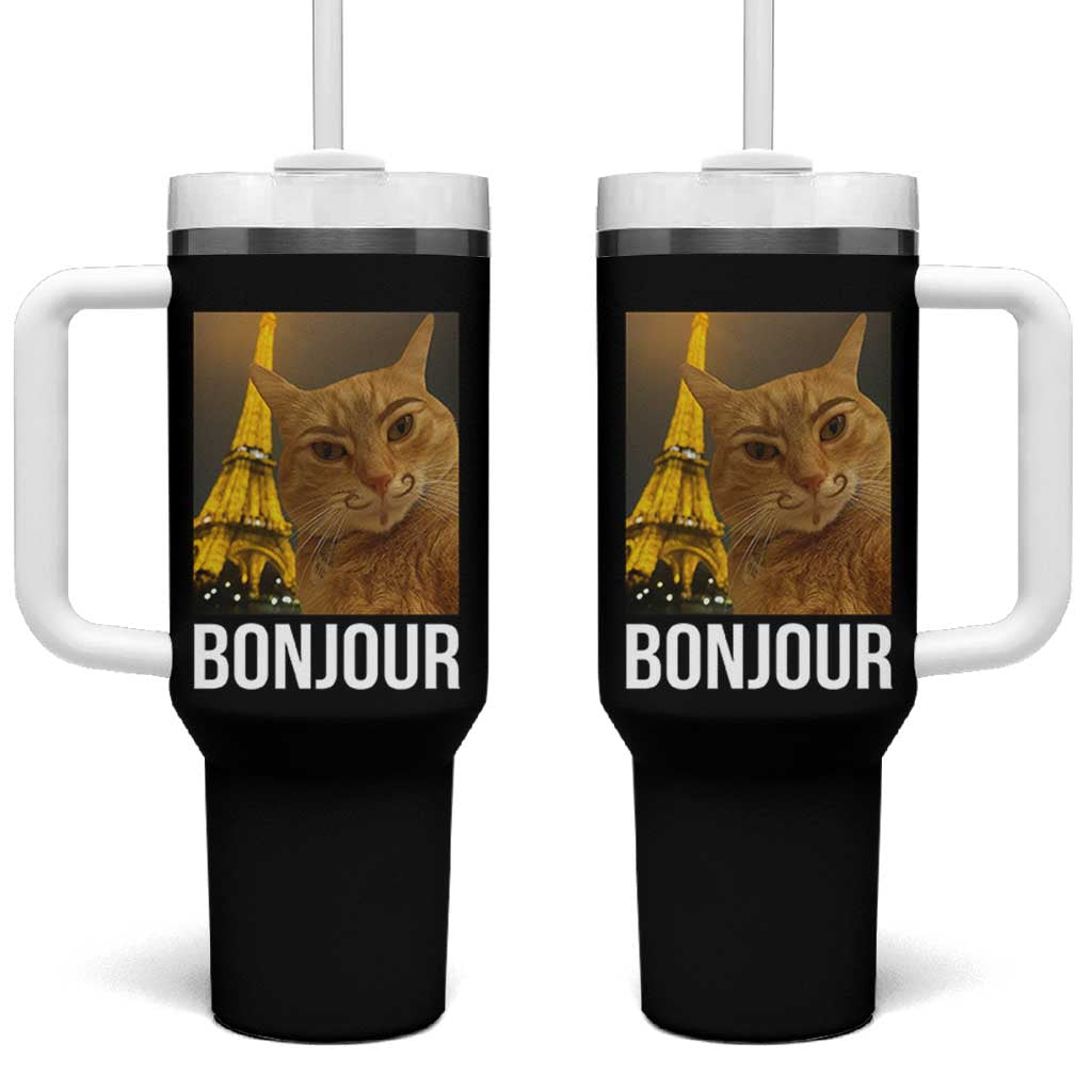 Funny Cat Bonjour Tumbler With Handle Paris France Eiffel Tower Orange Cat Meme - Wonder Print Shop
