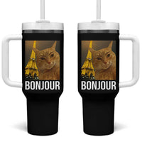 Funny Cat Bonjour Tumbler With Handle Paris France Eiffel Tower Orange Cat Meme - Wonder Print Shop