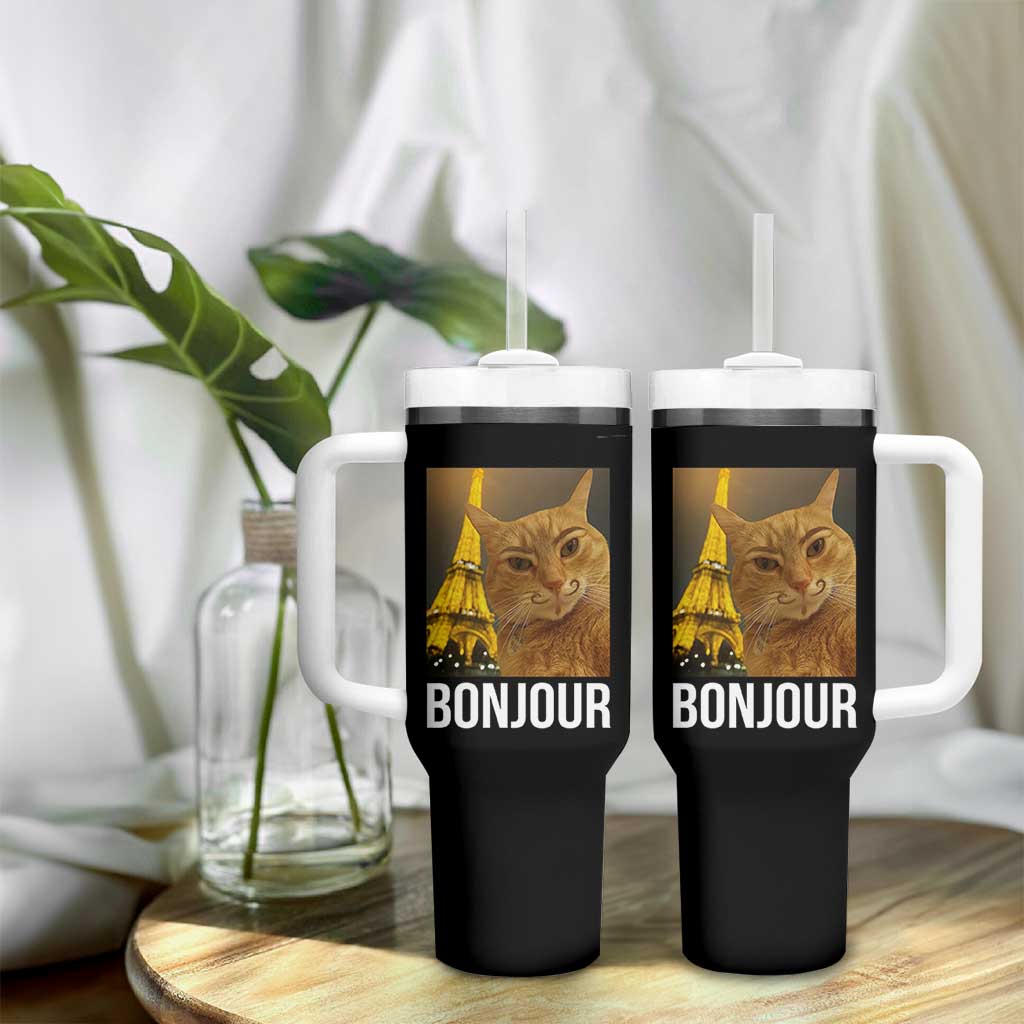 Funny Cat Bonjour Tumbler With Handle Paris France Eiffel Tower Orange Cat Meme - Wonder Print Shop