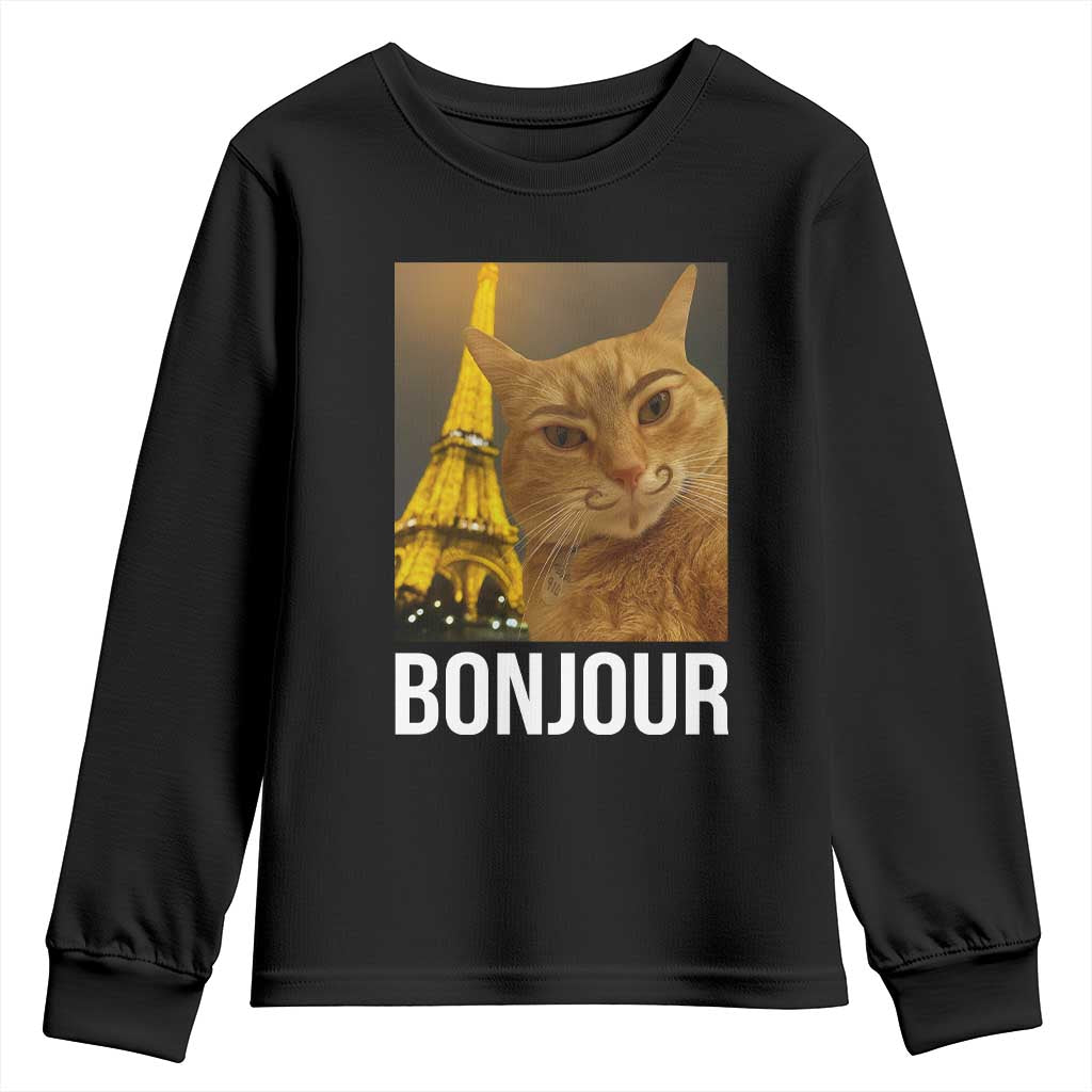 Funny Cat Bonjour Youth Sweatshirt Paris France Eiffel Tower Orange Cat Meme - Wonder Print Shop