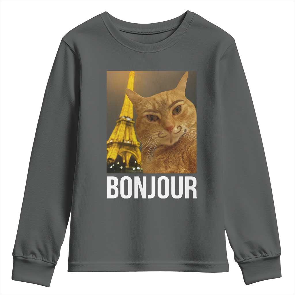 Funny Cat Bonjour Youth Sweatshirt Paris France Eiffel Tower Orange Cat Meme - Wonder Print Shop