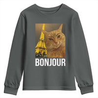 Funny Cat Bonjour Youth Sweatshirt Paris France Eiffel Tower Orange Cat Meme - Wonder Print Shop