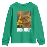Funny Cat Bonjour Youth Sweatshirt Paris France Eiffel Tower Orange Cat Meme - Wonder Print Shop