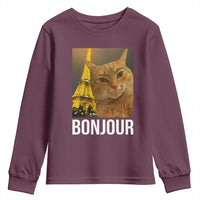 Funny Cat Bonjour Youth Sweatshirt Paris France Eiffel Tower Orange Cat Meme - Wonder Print Shop