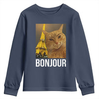 Funny Cat Bonjour Youth Sweatshirt Paris France Eiffel Tower Orange Cat Meme - Wonder Print Shop