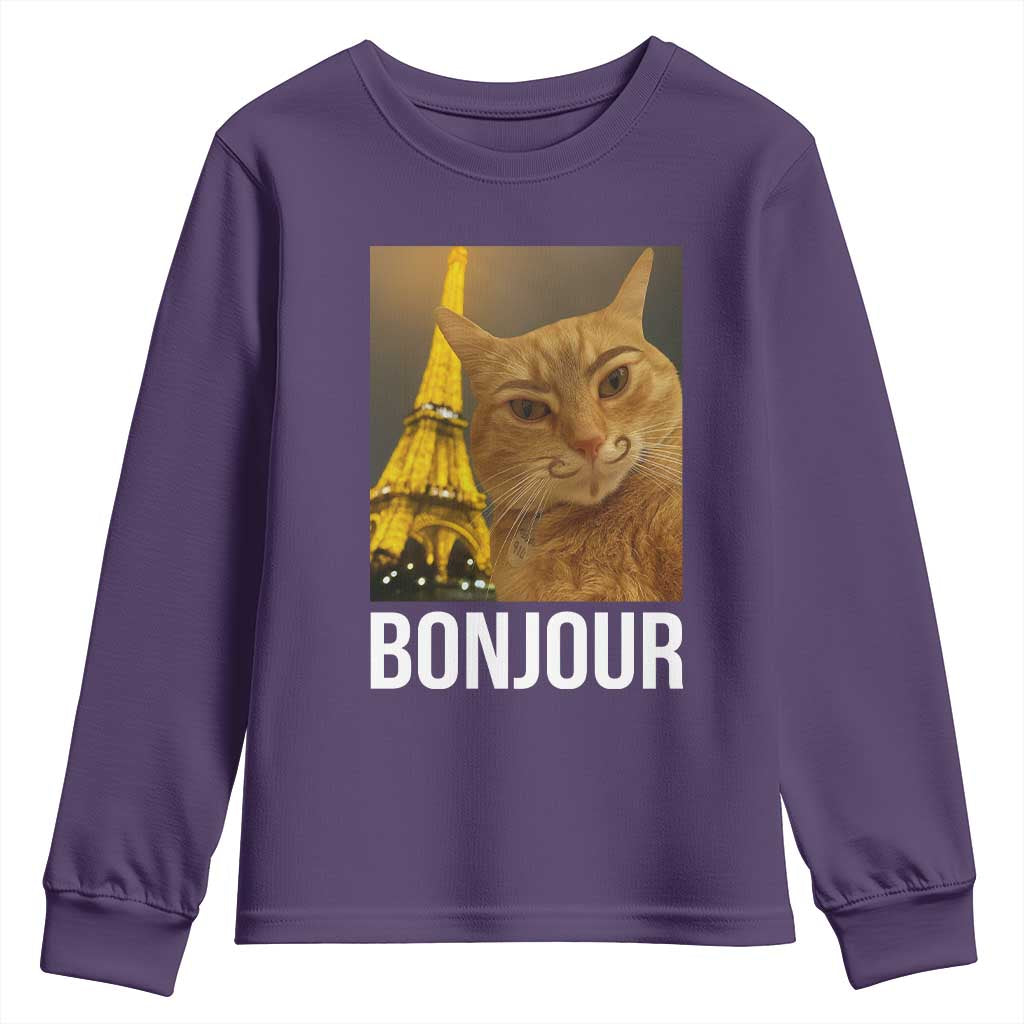 Funny Cat Bonjour Youth Sweatshirt Paris France Eiffel Tower Orange Cat Meme - Wonder Print Shop