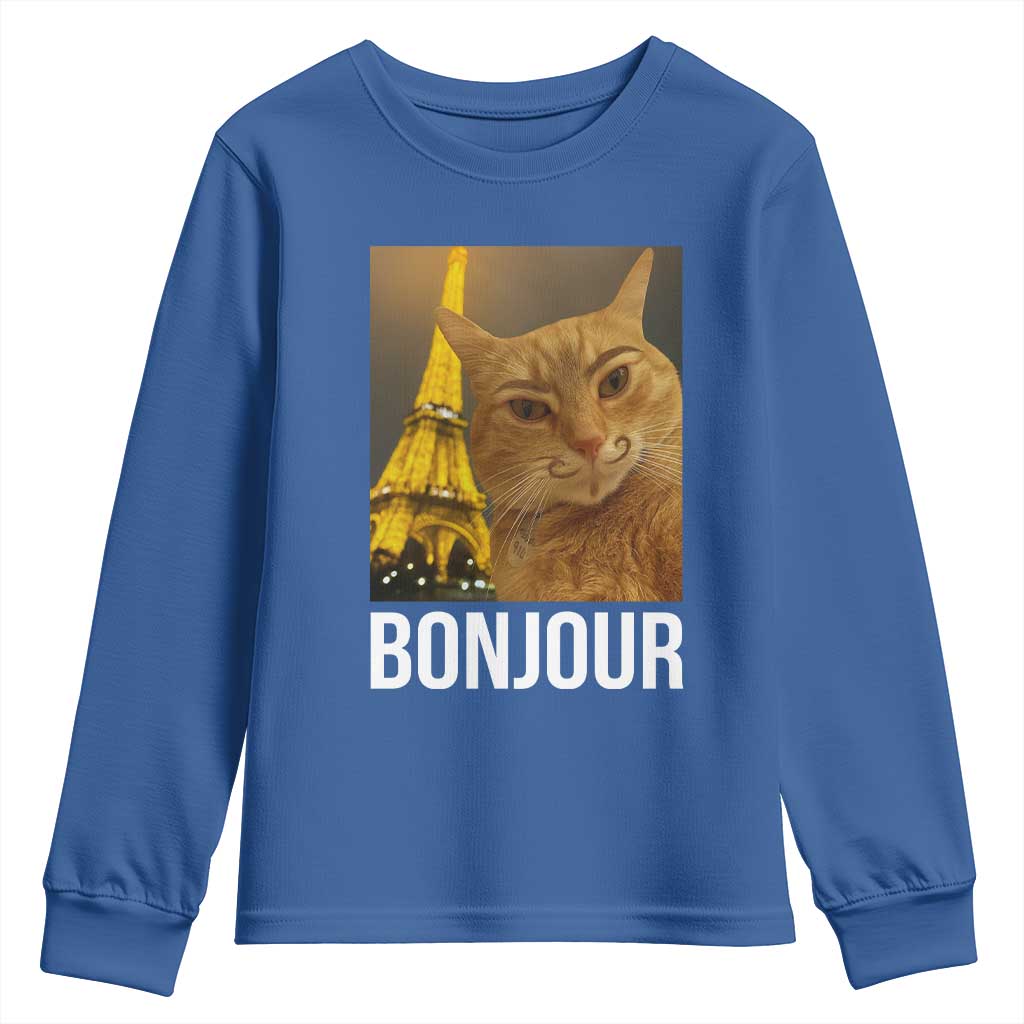 Funny Cat Bonjour Youth Sweatshirt Paris France Eiffel Tower Orange Cat Meme - Wonder Print Shop