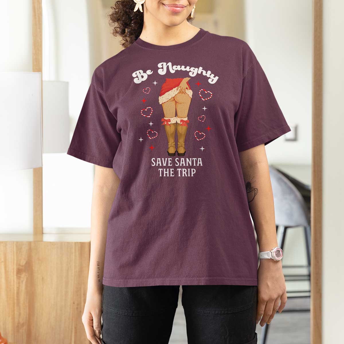 Funny Inappropriate Christmas T Shirt For Women Be Naughty Save Santa The Trip - Wonder Print Shop