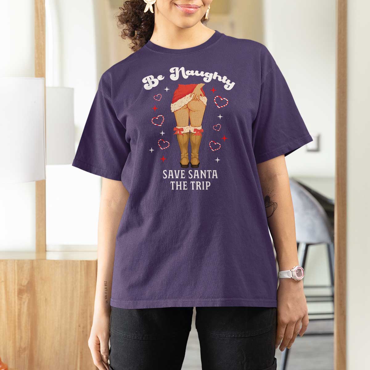 Funny Inappropriate Christmas T Shirt For Women Be Naughty Save Santa The Trip - Wonder Print Shop