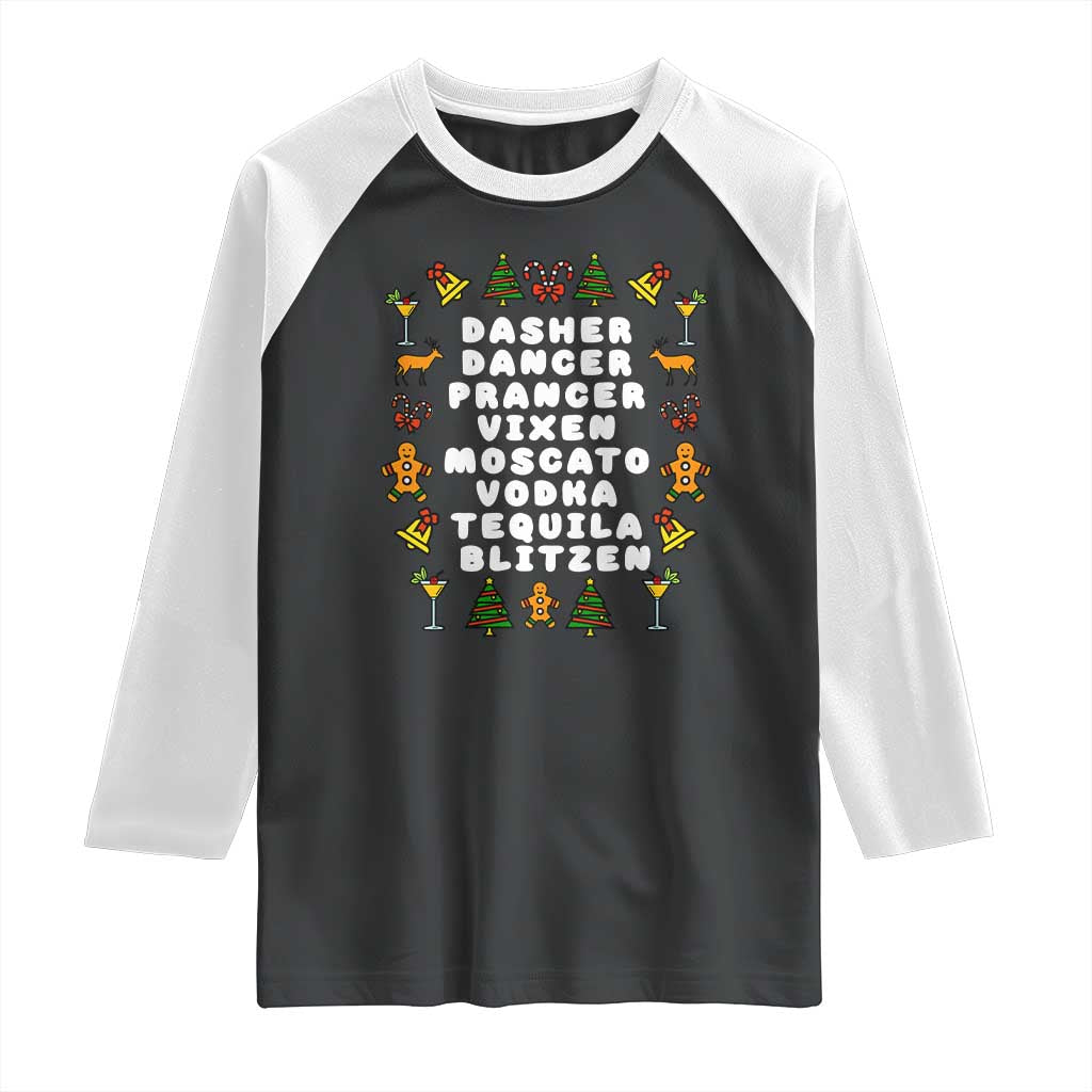 Funny Drinking Christmas Raglan Shirt Merry Christmas Dasher Dancer Prancer Vixen - Wonder Print Shop
