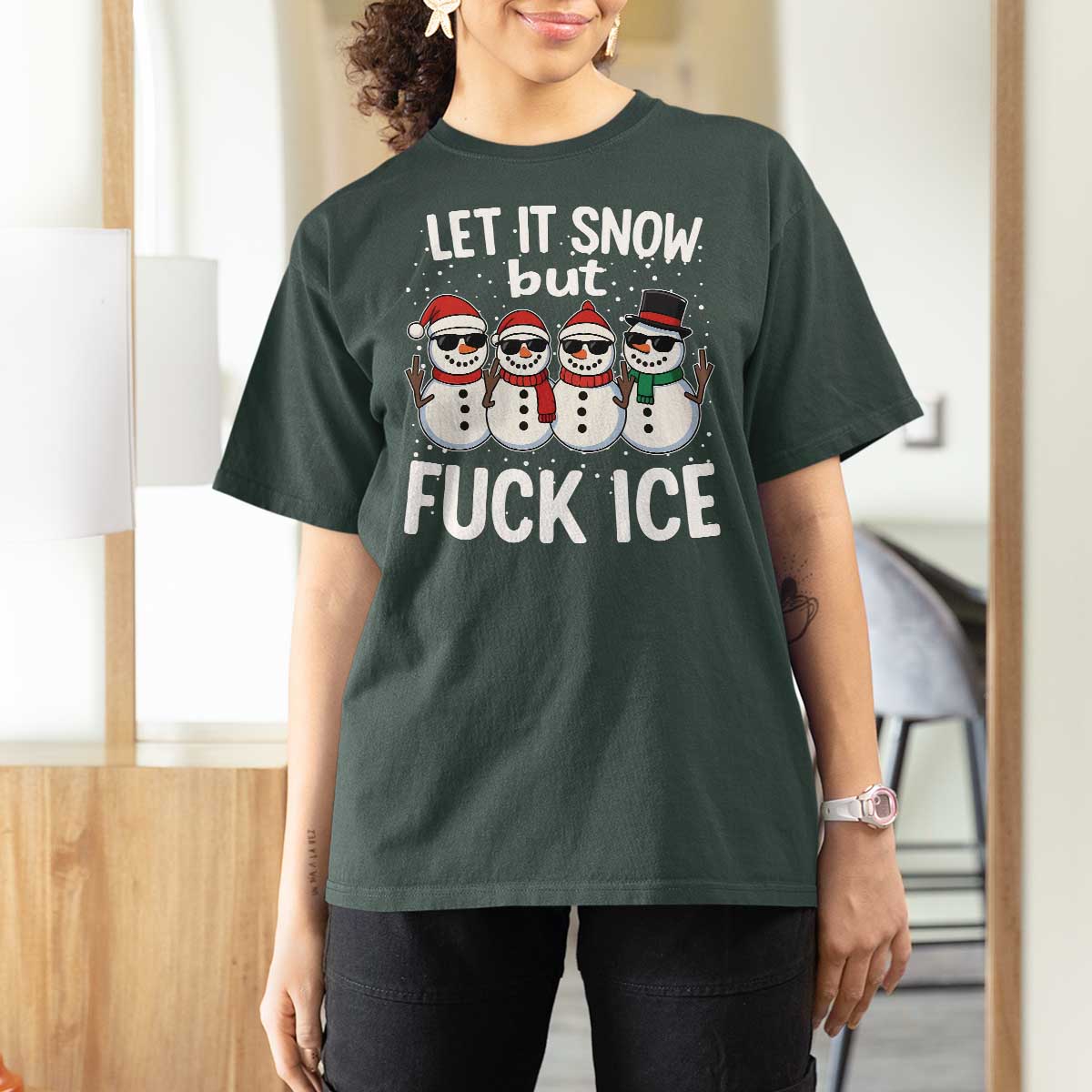 Anti ICE Christmas T Shirt For Women Funny Snowman Cute Finger Let It Snow Funny FDT - Wonder Print Shop