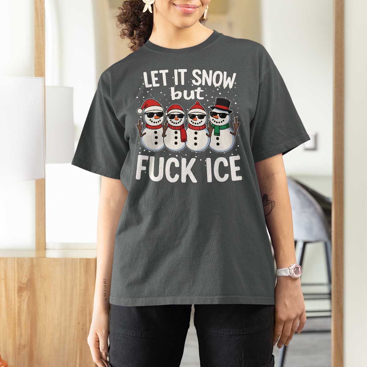 Anti ICE Christmas T Shirt For Women Funny Snowman Cute Finger Let It Snow Funny FDT - Wonder Print Shop