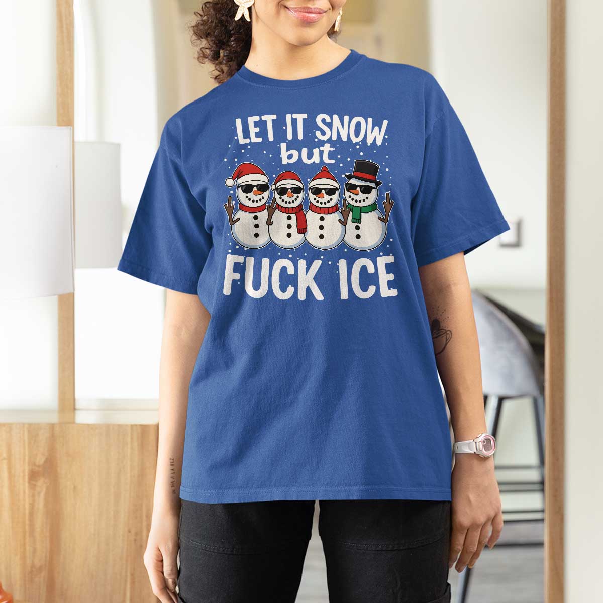 Anti ICE Christmas T Shirt For Women Funny Snowman Cute Finger Let It Snow Funny FDT - Wonder Print Shop