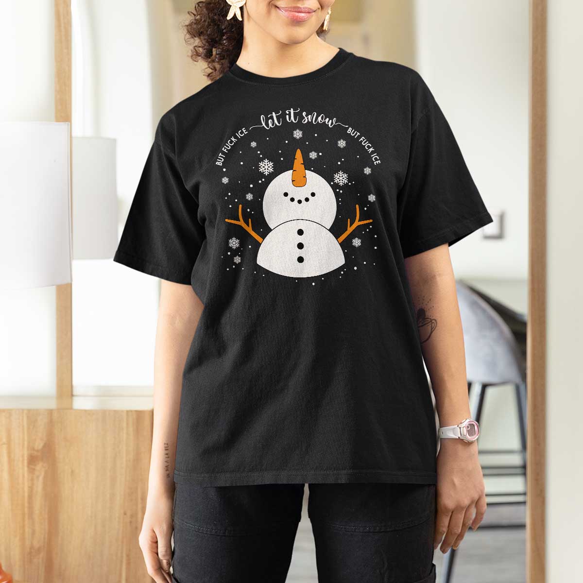 Anti ICE Christmas T Shirt For Women Let It Snow But Fuck Ice Cute Snowman Winter - Wonder Print Shop