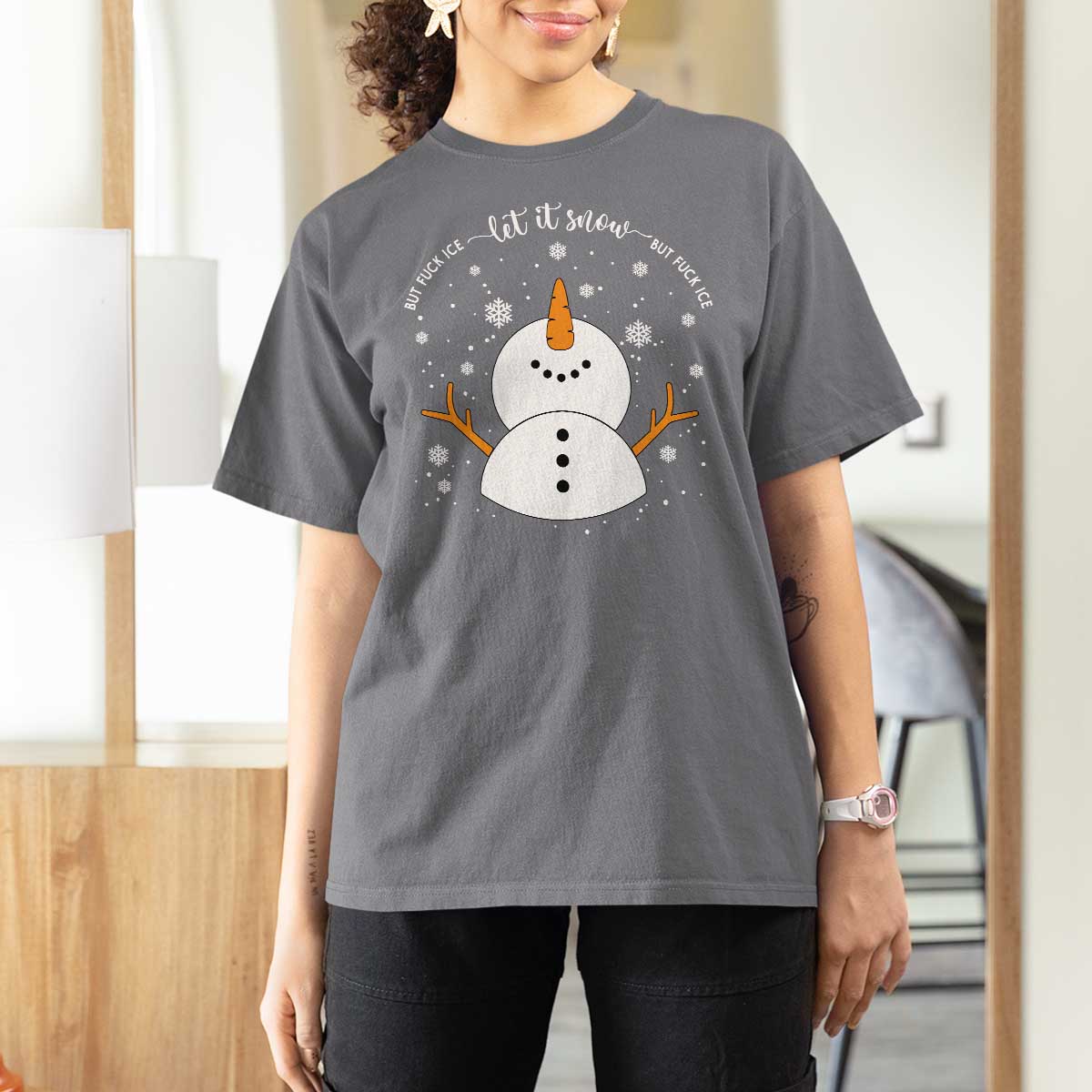 Anti ICE Christmas T Shirt For Women Let It Snow But Fuck Ice Cute Snowman Winter - Wonder Print Shop