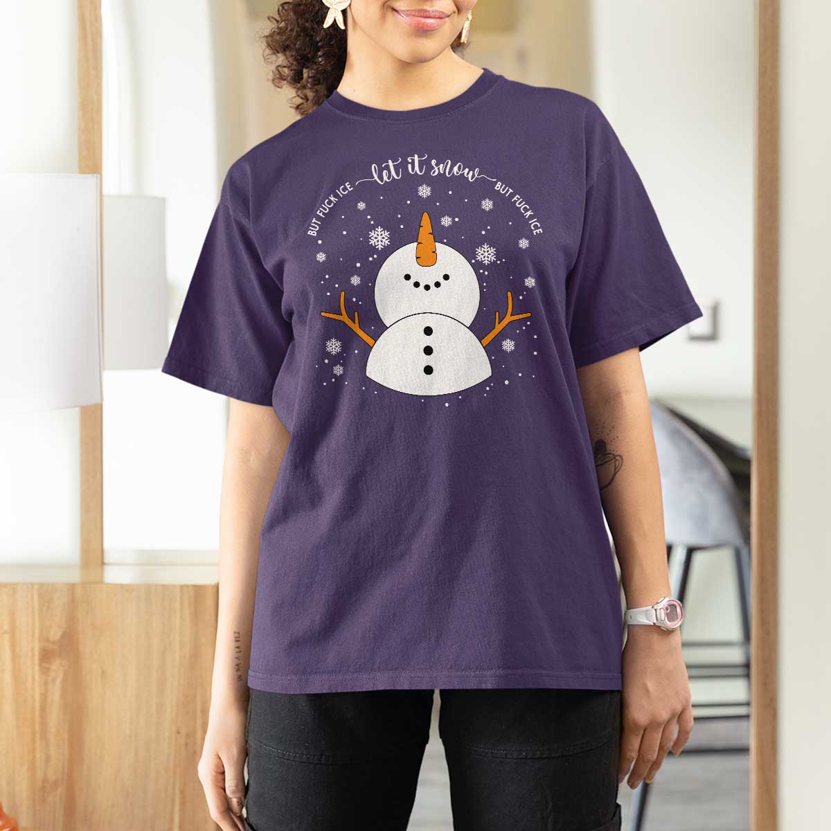 Anti ICE Christmas T Shirt For Women Let It Snow But Fuck Ice Cute Snowman Winter - Wonder Print Shop