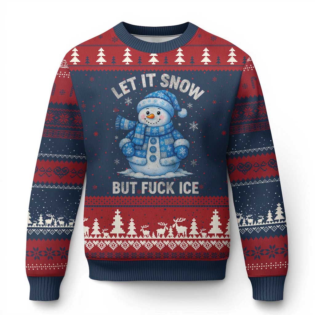Anti ICE Xmas Ugly Christmas Sweater Retro Blue Snowman Let It Snow But Fuck Ice - Wonder Print Shop